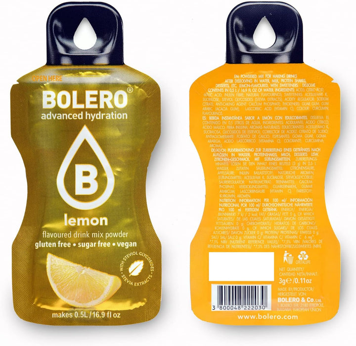 Bolero Sticks Sabor Limón, Caja de 12x3g. Bebida instantánea en polvo sin azúcar, baja en calorías y con Stevia para una hidratación refrescante y saludable. Bolero - lateral
