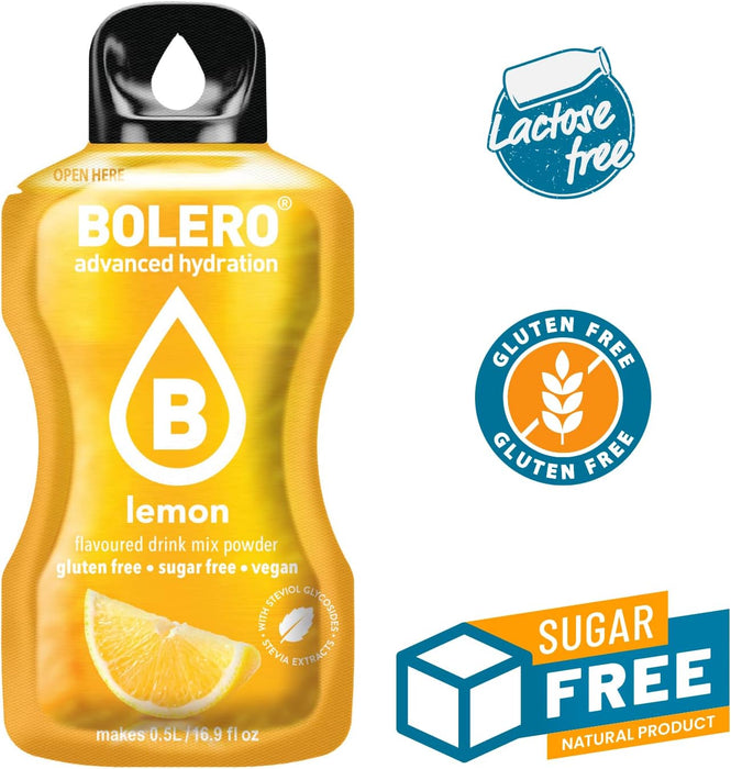 Bolero Sticks Sabor Limón, Caja de 12x3g. Bebida instantánea en polvo sin azúcar, baja en calorías y con Stevia para una hidratación refrescante y saludable. Bolero - uso