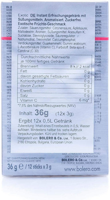 Bolero Sticks Sabor Mandarina, Caja de 12x3g. Bebida instantánea sin azúcar, baja en calorías y con Stevia para una hidratación refrescante y saludable. Bolero - ingredientes
