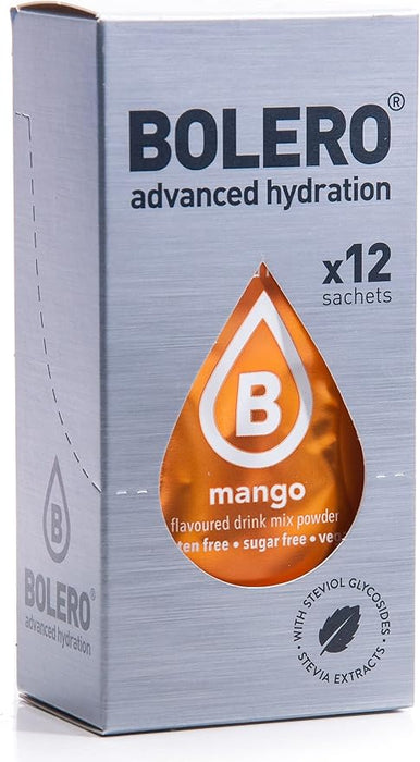 Bolero Sticks Sabor Mango, Caja de 12x3g. Bebida instantánea sin azúcar, baja en calorías y con Stevia para una hidratación avanzada con un delicioso toque tropical. Bolero - frontal