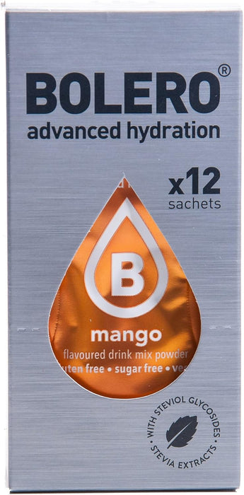 Bolero Sticks Sabor Mango, Caja de 12x3g. Bebida instantánea sin azúcar, baja en calorías y con Stevia para una hidratación avanzada con un delicioso toque tropical. Bolero - pack