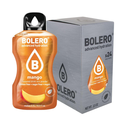 Bolero Sticks Sabor Mango, Caja de 24x3g. Bebida en polvo soluble sin azúcar, con Stevia y Vitaminas. Ideal para llevar, sin gluten, sin lactosa y bajo en calorías. Bolero - frontal