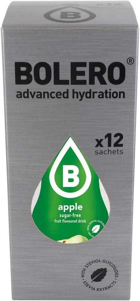 Bolero Sticks Sabor Manzana, Caja de 12x3g. Bebida en polvo sin azúcar, baja en calorías y con Stevia para una hidratación refrescante y saludable. Bolero - pack