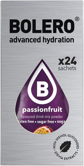 Bolero Sticks Sabor Maracuyá, Caja de 24x3g. Bebida en polvo soluble sin azúcar, con Stevia y Vitaminas. Ideal para llevar, sin gluten, sin lactosa y bajo en calorías. Bolero - presentacion