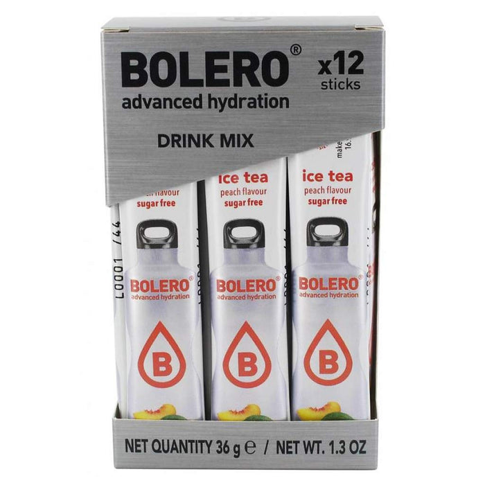 Bolero Sticks Sabor Melocotón, Caja de 12x3g. Bebida instantánea en polvo sin azúcar con Stevia y Vitamina C, ideal para tu botella de agua y para llevar a cualquier parte. Bolero - frontal