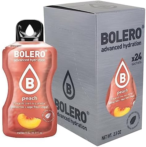 Bolero Sticks Sabor Melocotón, Caja de 24x3g. Bebida en polvo sin azúcar para llevar, con Stevia y Vitamina C. Ideal para niños, deportistas y veganos, sin gluten y bajo en calorías. Bolero - frontal