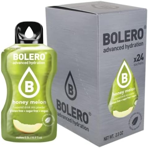 Bolero Sticks Sabor Melón con Miel, Caja de 24x3g. Bebida en polvo individual sin azúcar y con Stevia, ideal para tu botella de agua y para llevar a cualquier parte. Bolero - frontal
