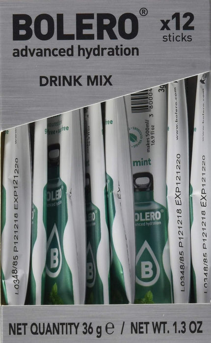 Bolero Sticks Sabor Menta, Caja de 24x3g. Bebida en polvo soluble sin azúcar, con Stevia y Vitaminas. Ideal para llevar, sin gluten, sin lactosa y bajo en calorías. Bolero - detalle