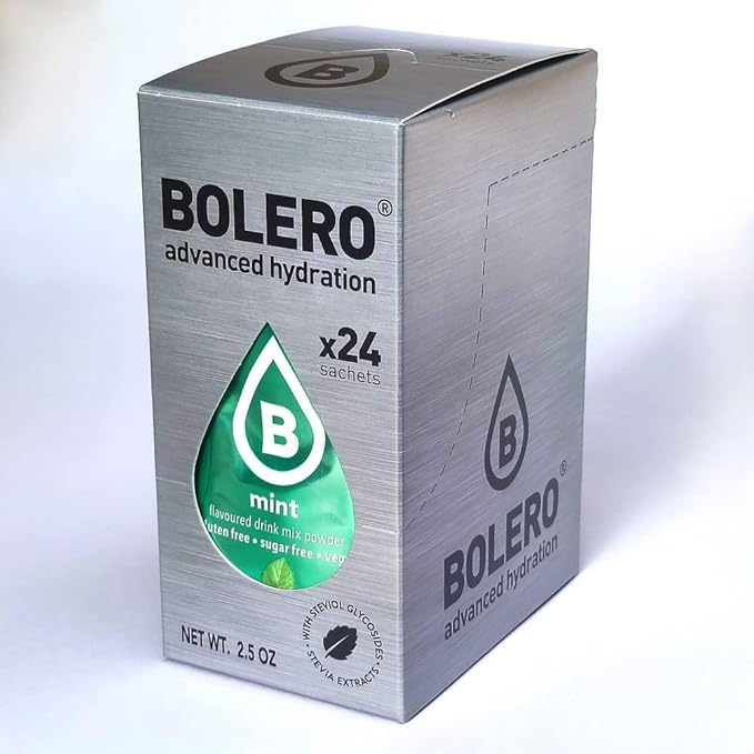 Bolero Sticks Sabor Menta, Caja de 24x3g. Bebida en polvo soluble sin azúcar, con Stevia y Vitaminas. Ideal para llevar, sin gluten, sin lactosa y bajo en calorías. Bolero - frontal