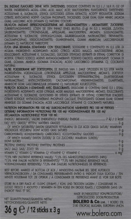 Bolero Sticks Sabor Menta, Caja de 24x3g. Bebida en polvo soluble sin azúcar, con Stevia y Vitaminas. Ideal para llevar, sin gluten, sin lactosa y bajo en calorías. Bolero - ingredientes