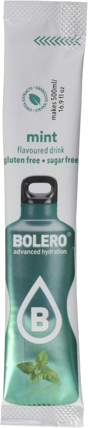 Bolero Sticks Sabor Menta, Caja de 24x3g. Bebida en polvo soluble sin azúcar, con Stevia y Vitaminas. Ideal para llevar, sin gluten, sin lactosa y bajo en calorías. Bolero - pack