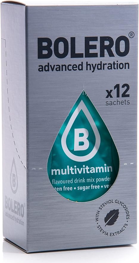 Bolero Sticks Sabor Multivitaminas, 12x3g. Bebida en polvo para llevar sin azúcar, con Stevia y enriquecida con Vitaminas A, C y E para una hidratación completa. Bolero - frontal