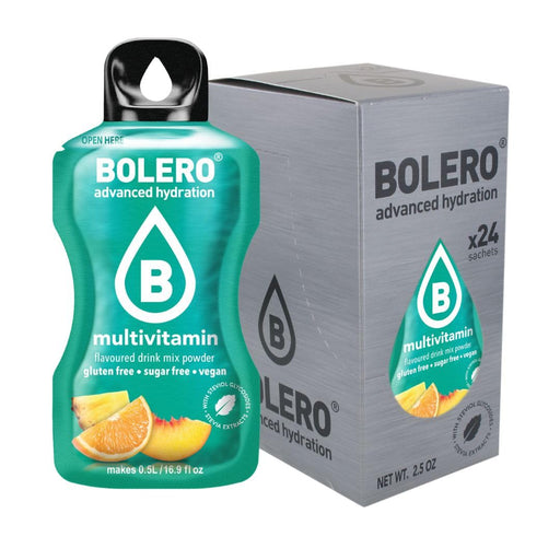 Bolero Sticks Sabor Multivitaminas, 24 bolsitas de 3g. Formato para llevar de bebida en polvo sin azúcar, baja en calorías y enriquecida con vitaminas. Bolero - frontal