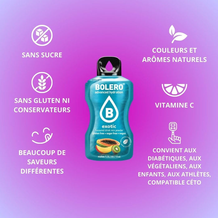 Bolero Sticks Sabor Multivitaminas, 24 bolsitas de 3g. Formato para llevar de bebida en polvo sin azúcar, baja en calorías y enriquecida con vitaminas. Bolero - presentacion