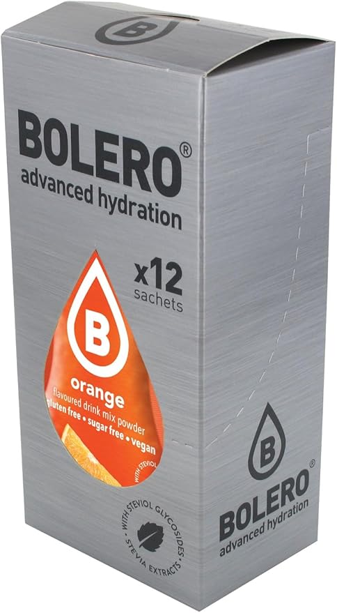 Bolero Sticks Sabor Naranja, Caja de 12x3g. Bebida instantánea en polvo sin azúcar con Stevia y Vitamina C, ideal para tu botella de agua y para llevar a cualquier parte. Bolero - frontal