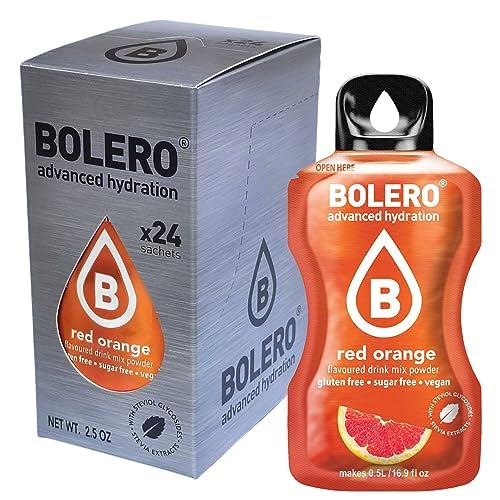 Bolero Sticks Sabor Naranja Roja, Caja de 24x3g. Bebida en polvo soluble sin azúcar, con Stevia y Vitaminas. Ideal para llevar, sin gluten, sin lactosa y bajo en calorías. Bolero - extra