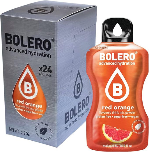 Bolero Sticks Sabor Naranja Roja, Caja de 24x3g. Bebida en polvo soluble sin azúcar, con Stevia y Vitaminas. Ideal para llevar, sin gluten, sin lactosa y bajo en calorías. Bolero - frontal