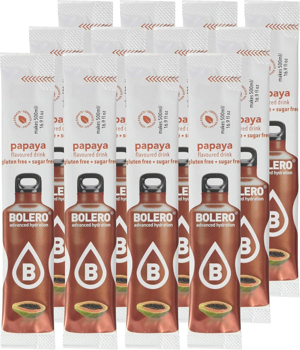 Bolero Sticks Sabor Papaya, Caja de 12x3g. Bebida en polvo sin azúcar, baja en calorías y con Stevia para una hidratación refrescante y saludable. Bolero - ingredientes