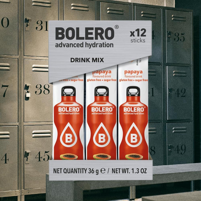 Bolero Sticks Sabor Papaya, Caja de 12x3g. Bebida en polvo sin azúcar, baja en calorías y con Stevia para una hidratación refrescante y saludable. Bolero - presentacion