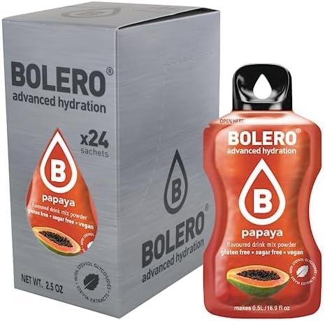 Bolero Sticks Sabor Papaya, Caja de 24x3g. Bebida en polvo sin azúcar para llevar, con Stevia y Vitamina C. Ideal para niños, deportistas y veganos, sin gluten y bajo en calorías. Bolero - frontal
