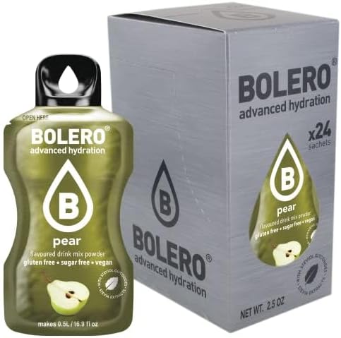 Bolero Sticks Sabor Pera, Caja de 24x3g. Bebida en polvo sin azúcar para llevar, con Stevia y Vitamina C. Ideal para niños, deportistas y veganos, sin gluten y bajo en calorías. Bolero - frontal