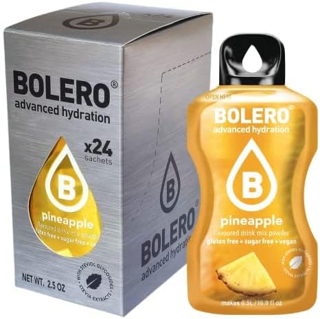 Bolero Sticks Sabor Piña, Caja de 24x3g. Bebida en polvo sin azúcar para llevar, con Stevia y Vitaminas. Ideal para tu botella de agua, sin gluten, sin lactosa y bajo en calorías. Bolero - frontal