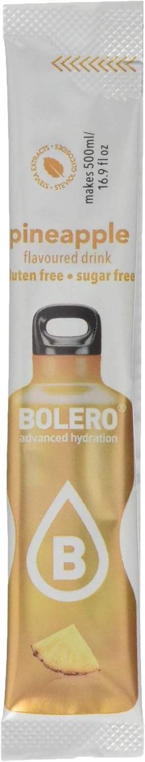 Bolero Sticks Sabor Piña, Pack de 12x3g. Bebida instantánea sin azúcar, baja en calorías y con Stevia para una hidratación avanzada con un delicioso toque tropical. Bolero - pack
