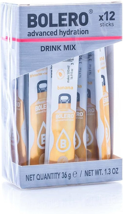 Bolero Sticks Sabor Plátano, Caja de 12x3g. Bebida instantánea sin azúcar, baja en calorías y con Stevia para una hidratación avanzada con un delicioso sabor. Bolero - frontal