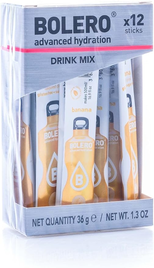 Bolero Sticks Sabor Plátano, Caja de 12x3g. Bebida instantánea sin azúcar, baja en calorías y con Stevia para una hidratación avanzada con un delicioso sabor. Bolero - frontal
