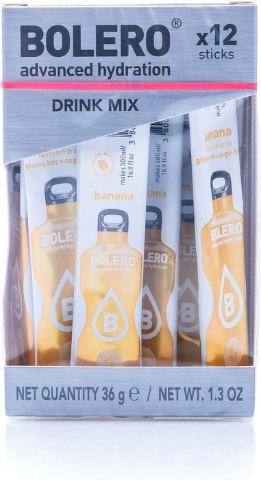 Bolero Sticks Sabor Plátano, Caja de 12x3g. Bebida instantánea sin azúcar, baja en calorías y con Stevia para una hidratación avanzada con un delicioso sabor. Bolero - pack