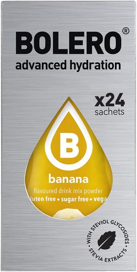 Bolero Sticks Sabor Plátano, Caja de 24x3g. Bebida en polvo soluble sin azúcar, con Stevia y Vitaminas. Ideal para llevar, sin gluten, sin lactosa y bajo en calorías. Bolero - frontal