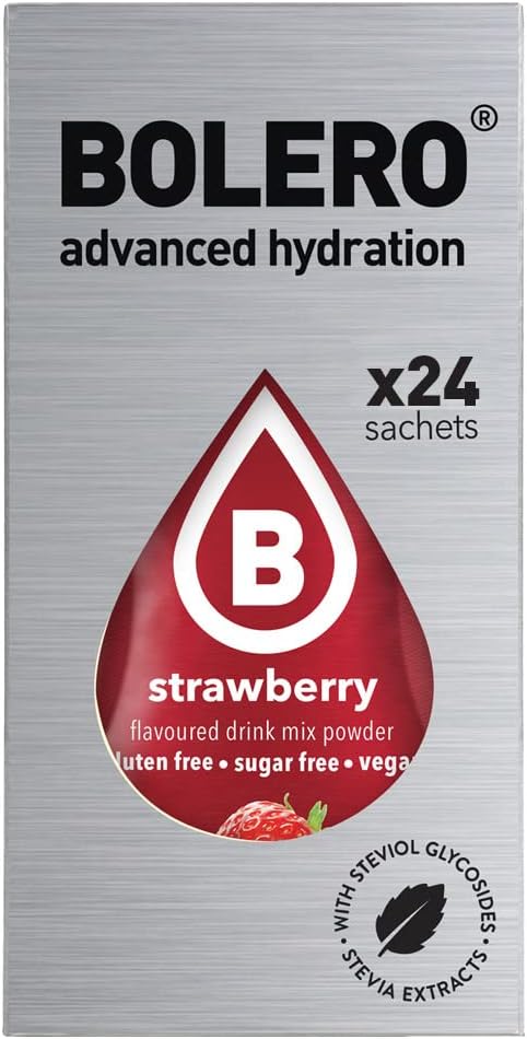 Bolero Sticks Sabor Plátano y Fresa, Caja de 24x3g. Bebida en polvo sin azúcar con Stevia y Vitaminas. Ideal para tu botella de agua, sin gluten, sin lactosa y bajo en calorías. Bolero - frontal