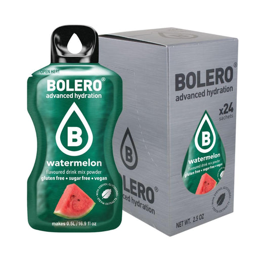 Bolero Sticks Sabor Sandía, Caja de 24x3g. Bebida instantánea sin azúcar para llevar, con Stevia y Vitaminas. Ideal para tu botella de agua, sin gluten, sin lactosa y bajo en calorías. Bolero - frontal