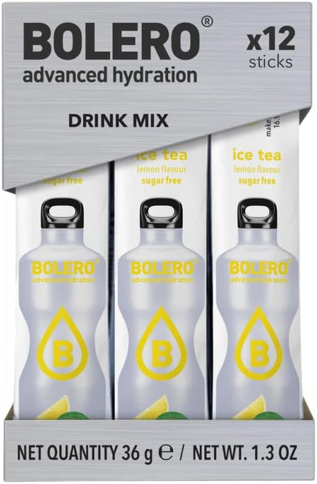 Bolero Sticks Sabor Té Helado de Limón, Caja de 12x3g. Un refresco en polvo sin azúcar, sin aspartamo y con Stevia para una hidratación refrescante y saludable. Bolero - extra