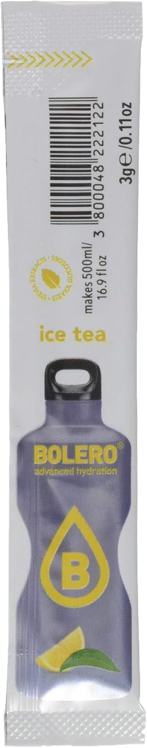 Bolero Sticks Sabor Té Helado de Limón, Caja de 12x3g. Un refresco en polvo sin azúcar, sin aspartamo y con Stevia para una hidratación refrescante y saludable. Bolero - pack