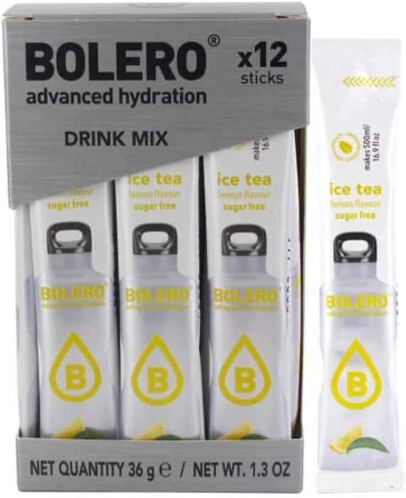 Bolero Sticks Sabor Té Helado de Limón, Caja de 12x3g. Un refresco en polvo sin azúcar, sin aspartamo y con Stevia para una hidratación refrescante y saludable. Bolero - presentacion