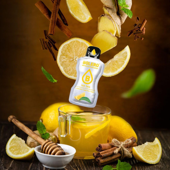 Bolero Sticks Sabor Té Helado de Limón, Caja de 24x3g. Bebida en polvo sin azúcar para llevar, con Stevia y Vitamina C. Ideal para niños, deportistas y veganos, sin gluten y bajo en calorías. Bolero - ingredientes