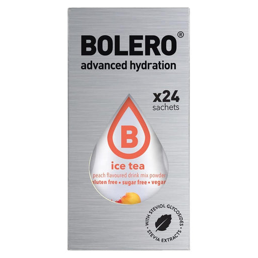 Bolero Sticks Sabor Té Helado de Melocotón, 24x3g. Bebida en polvo para 500ml de agua, sin azúcar, sin gluten, sin lactosa y endulzada con Stevia. Bolero - frontal