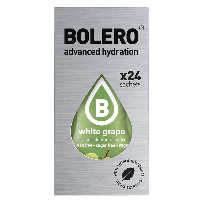 Bolero Sticks Sabor Uva Blanca, Caja de 24x3g. Bebida en polvo sin azúcar para llevar, con Stevia y Vitaminas. Ideal para niños, deportistas y veganos, sin gluten y bajo en calorías. Bolero - presentacion