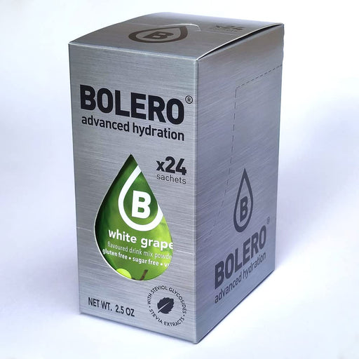 Bolero Sticks Sabor Uva Blanca, Caja de 24x3g. Bebida en polvo sin azúcar para llevar, con Stevia y Vitaminas. Ideal para niños, deportistas y veganos, sin gluten y bajo en calorías. Bolero - frontal