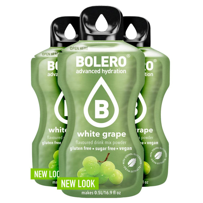Bolero Sticks Sabor Uva Blanca, Caja de 24x3g. Bebida en polvo sin azúcar para llevar, con Stevia y Vitaminas. Ideal para niños, deportistas y veganos, sin gluten y bajo en calorías. Bolero - extra