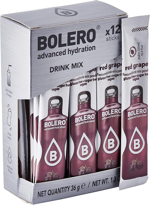 Bolero Sticks Sabor Uva Roja, Caja de 12x3g. Bebida en polvo sin azúcar, baja en calorías y con Stevia para una hidratación refrescante y saludable. Bolero - frontal