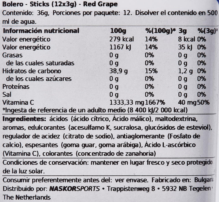 Bolero Sticks Sabor Uva Roja, Caja de 12x3g. Bebida en polvo sin azúcar, baja en calorías y con Stevia para una hidratación refrescante y saludable. Bolero - uso