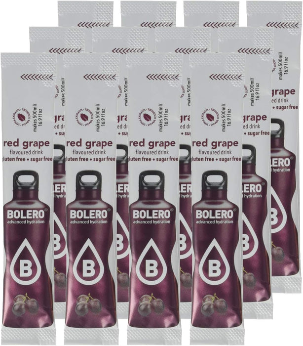 Bolero Sticks Sabor Uva Roja, Caja de 12x3g. Bebida en polvo sin azúcar, baja en calorías y con Stevia para una hidratación refrescante y saludable. Bolero - zoom