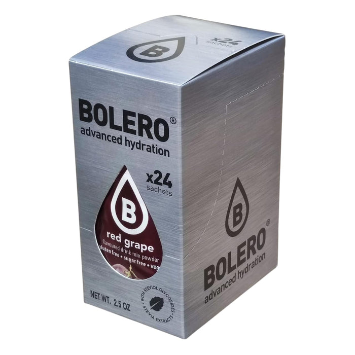 Bolero Sticks Sabor Uva Roja, Caja de 24x3g. Bebida en polvo sin azúcar, baja en calorías y con Stevia para una hidratación refrescante y saludable. Bolero - frontal