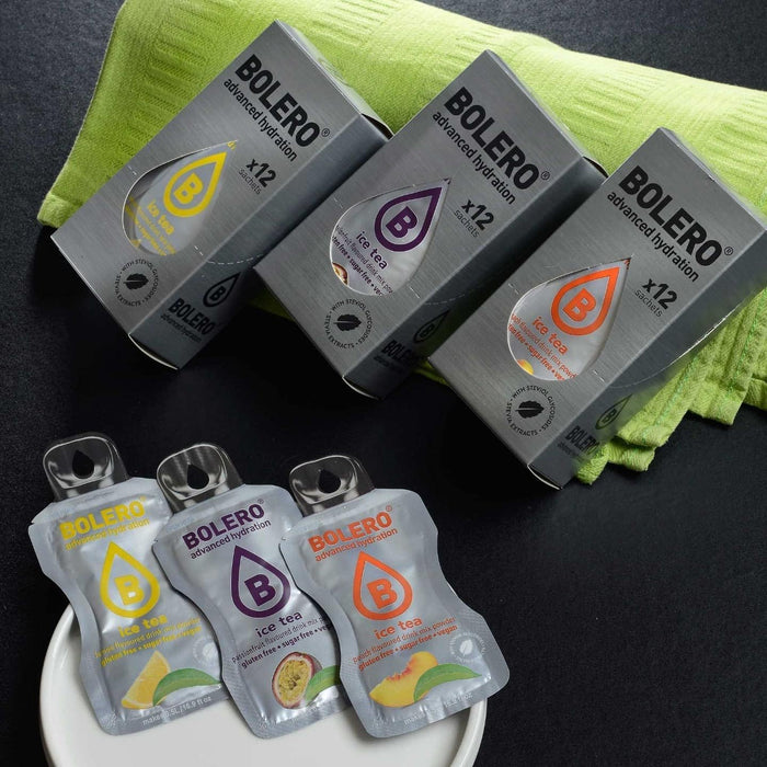 Bolero Sticks Té Helado Sabor Melocotón, Caja de 12x3g. El preparado en polvo para tu botella de agua, sin azúcar y con Stevia para una hidratación instantánea y refrescante. Bolero - extra