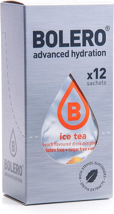 Bolero Sticks Té Helado Sabor Melocotón, Caja de 12x3g. El preparado en polvo para tu botella de agua, sin azúcar y con Stevia para una hidratación instantánea y refrescante. Bolero - frontal