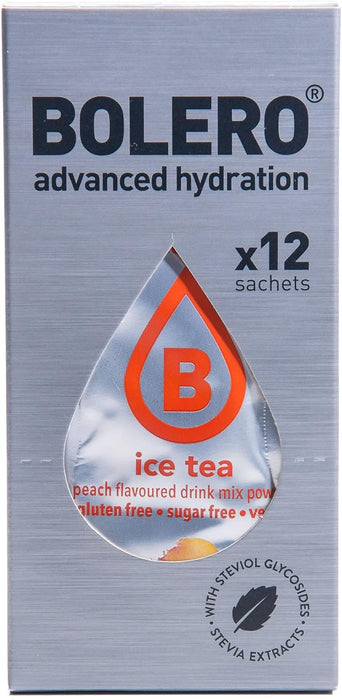 Bolero Sticks Té Helado Sabor Melocotón, Caja de 12x3g. El preparado en polvo para tu botella de agua, sin azúcar y con Stevia para una hidratación instantánea y refrescante. Bolero - lateral