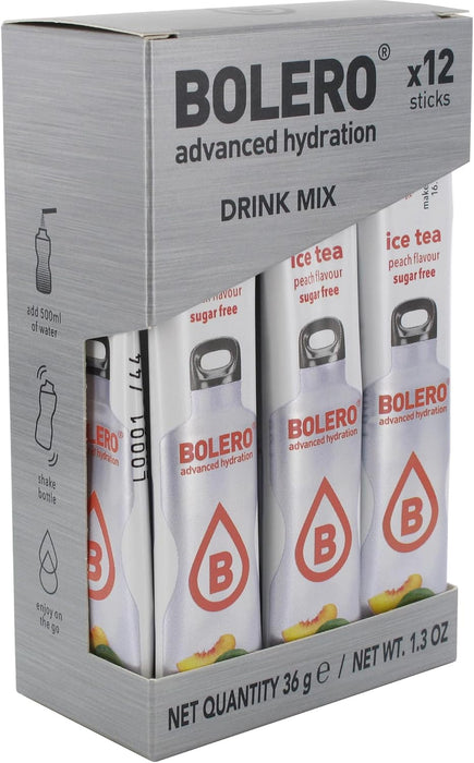 Bolero Sticks Té Helado Sabor Melocotón, Caja de 12x3g. El preparado en polvo para tu botella de agua, sin azúcar y con Stevia para una hidratación instantánea y refrescante. Bolero - pack