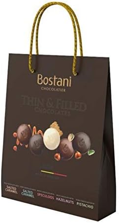 Bostani Surtido de Bombones Belgas Rellenos, bolsa de 500g. Una selección gourmet de chocolate negro, con leche y blanco con 5 deliciosos rellenos diferentes para regalar. Bostani - frontal
